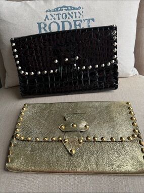 Dee Keller Studded Metallic Gold Clutch & Croc-Embossed Black Clutch Set